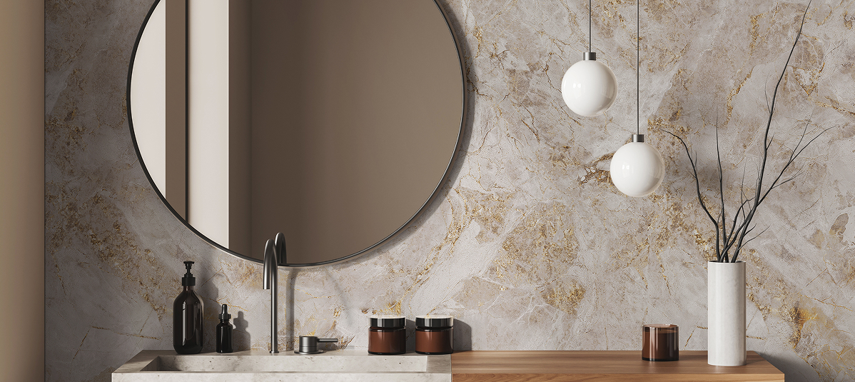 Ambiance de salle de bains avec panneau mural Vipanel décor Stone Gold