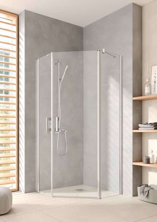 Photo Paroi de douche pentagonale pivotante PEGA PE43R L90 2M argent poli v.clair clean