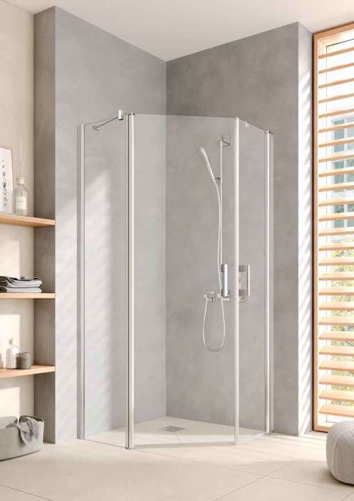 Photo Paroi de douche pentagonale pivotante PEGA PE43L L90 2M argent poli v.clair