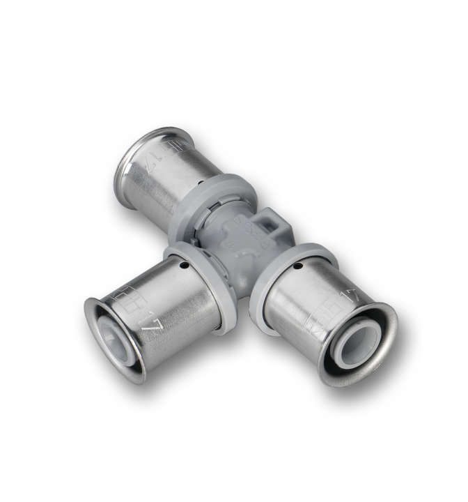 Photo Té à sertir égal 50x50x50mm en PPSU équipé de bagues à compression en inox