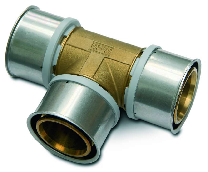 Photo Té à sertir égal 63x63x63mm en laiton équipé de bagues à compression en inox