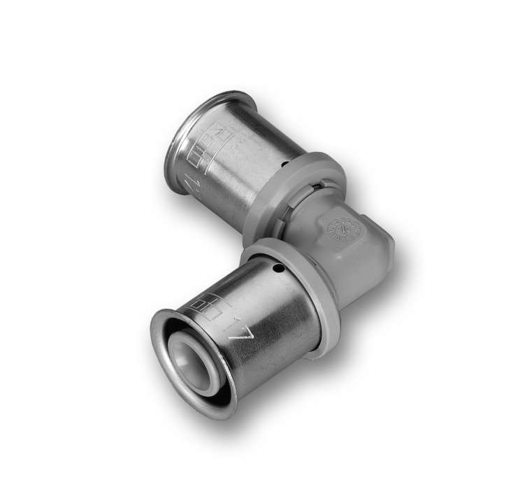 Photo Coude à 90° à sertir 50x50mm en PPSU équipé de bagues à compression en inox