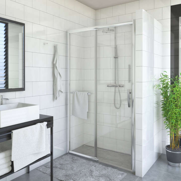 Photo Paroi de douche coulissante EQUI EID2R L110 2M argent poli v.clair clean