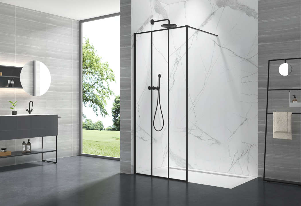 Photo Paroi de douche verrière 3 panneaux PHILLY LOFT SKY PLS L90 2M noir v.clair clean