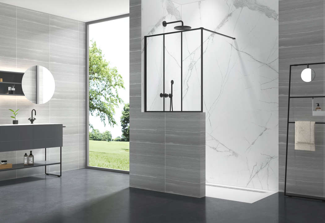Photo Paroi de douche verrière 3 panneaux PHILLY LOFT SKY PLS L100 1M noir v.clair clean