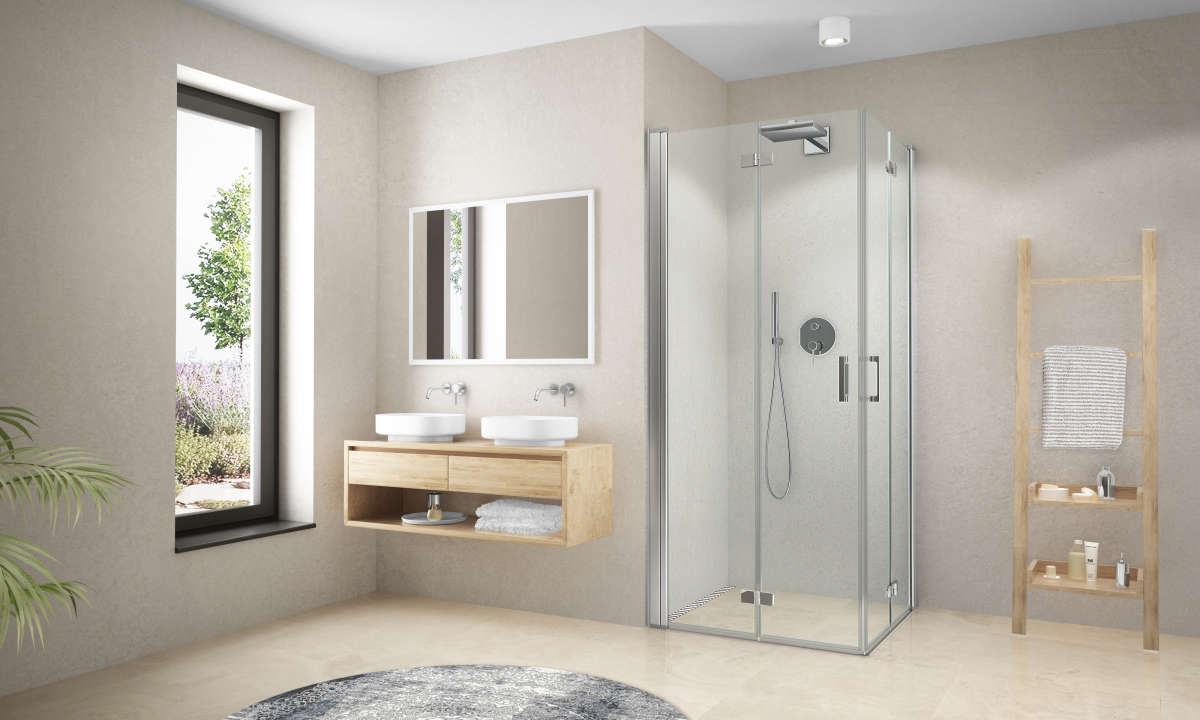 Photo Paroi de douche pivotante repliable CARIBA CI2CL L90 2M argent poli v.clair clean