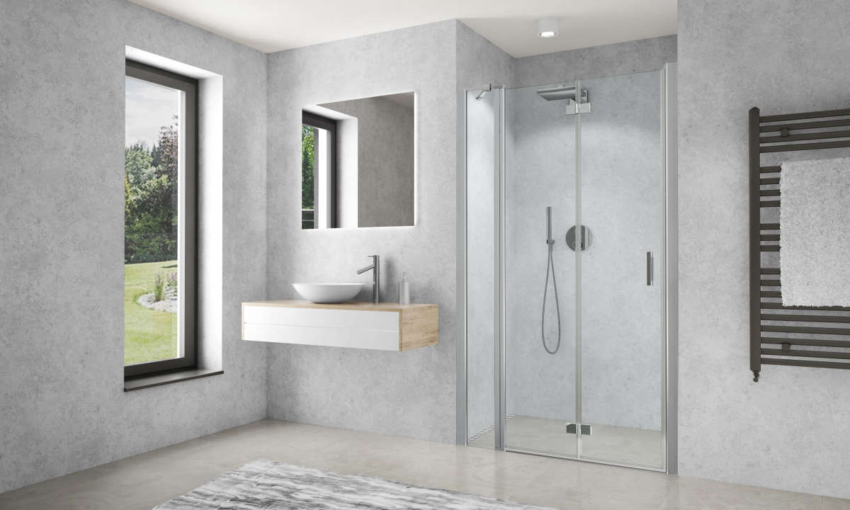 Photo Paroi de douche pivotante repliable CARIBA CIRFL L140 2M argent poli v.clair clean