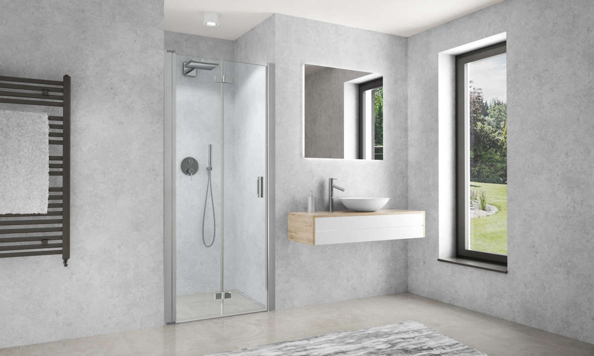 Photo Paroi de douche pivotante repliable CARIBA CIPIR L122 2M argent poli v.clair clean