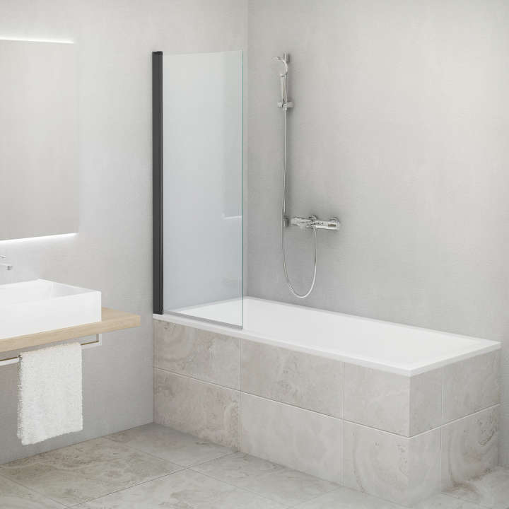 Photo Paroi de douche de baignoire pivotante CARIBA CIBAE L75 H1.5M noir v.clair ETC