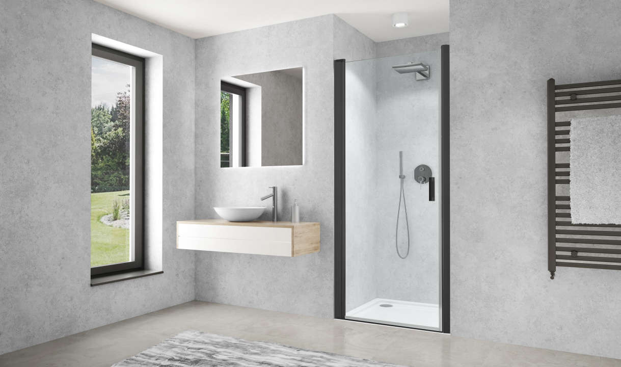 Photo Paroi de douche pivotante CARIBA CIPIV L100 2M noir v.clair clean