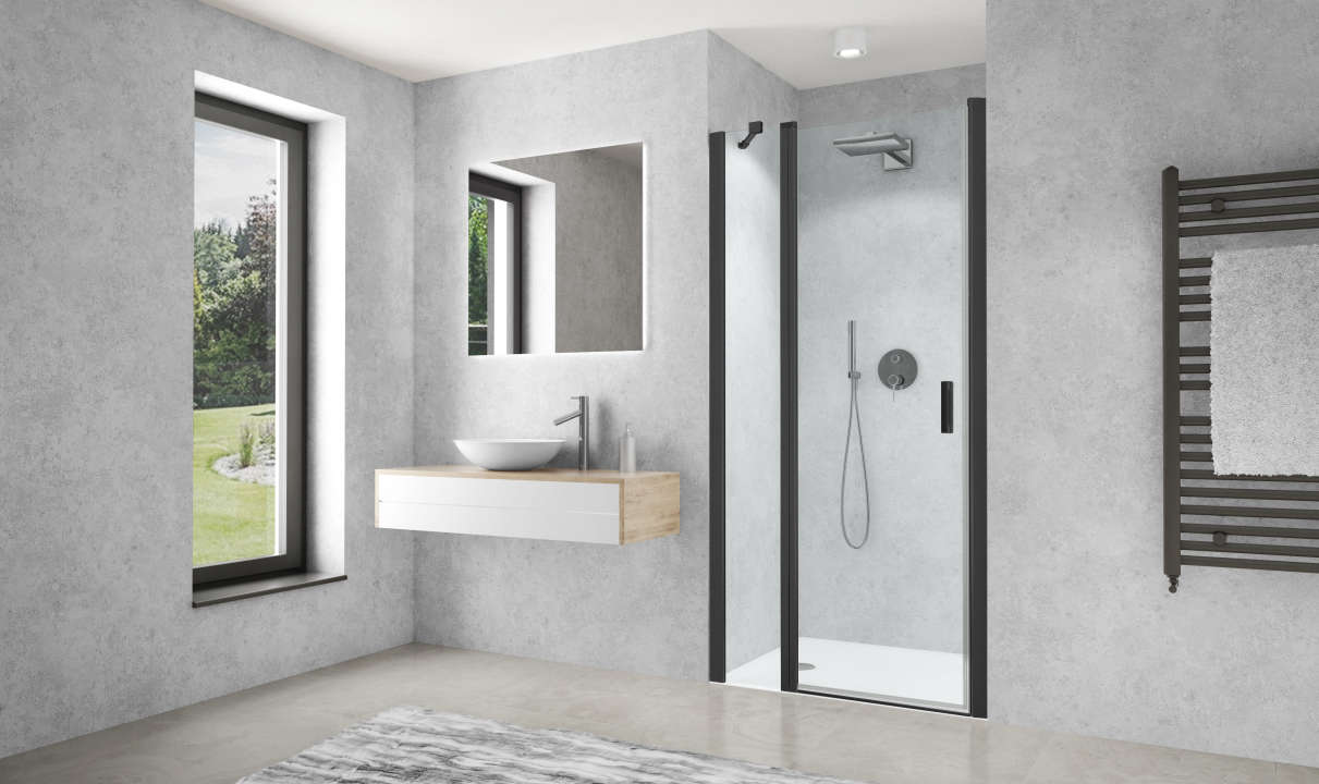 Photo Paroi de douche pivotante CARIBA CIPIF L100 2M noir v.clair clean