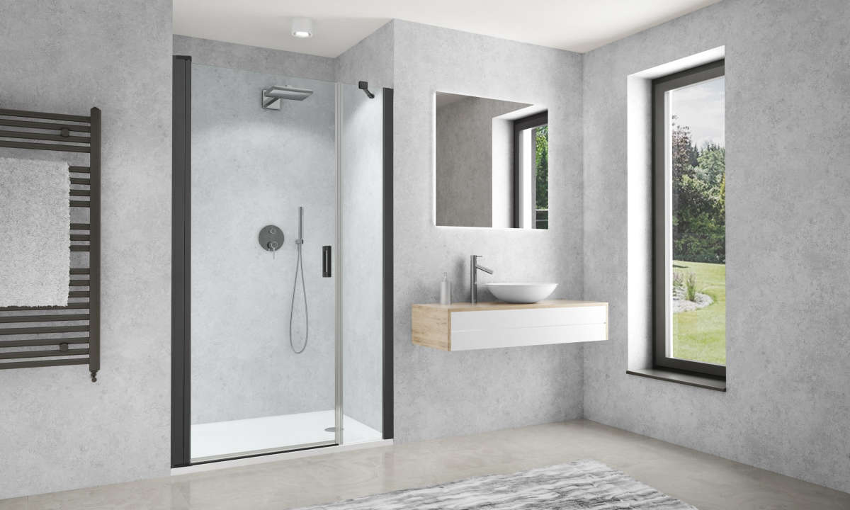 Photo Paroi de douche pivotante CARIBA CIPIG L100 2M noir v.clair clean