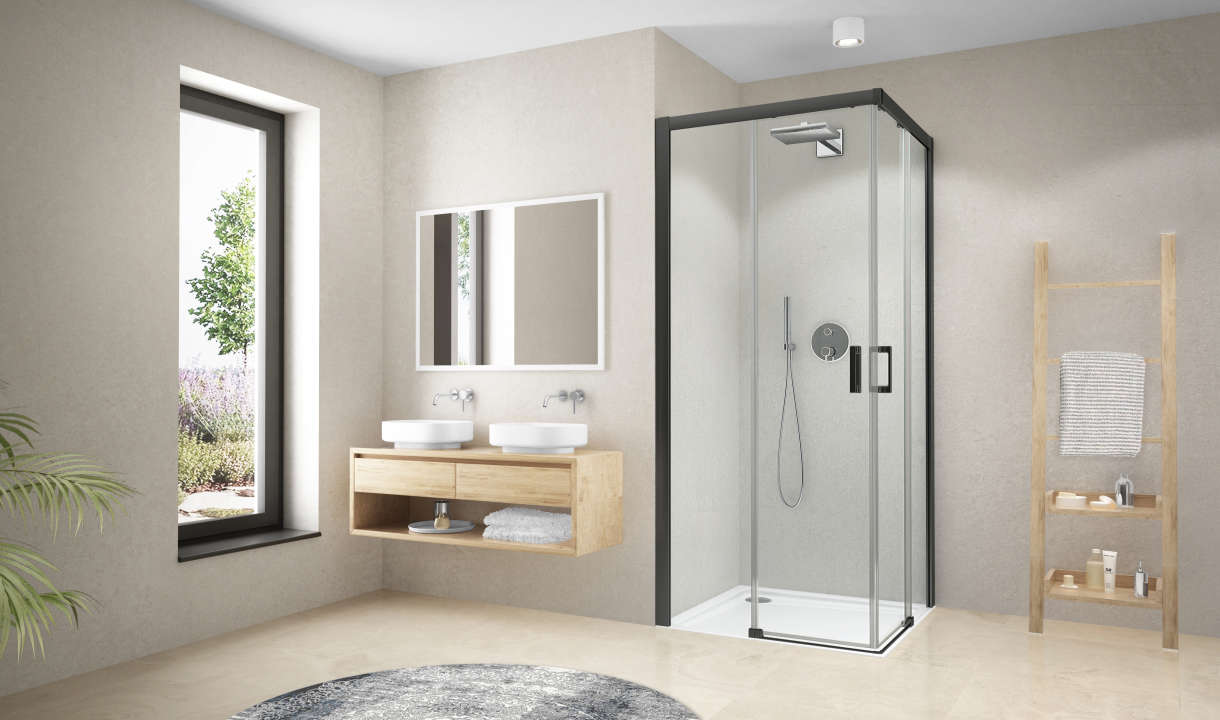 Photo Paroi de douche 1/2 angle coulissante CARIBA CIC2R L110 2M noir v.clair clean