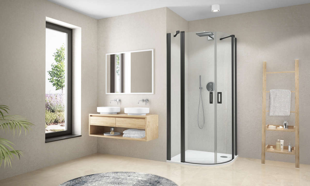 Photo Paroi de douche arrondie pivotante CARIBA CIP55 L90 2M noir v.clair clean