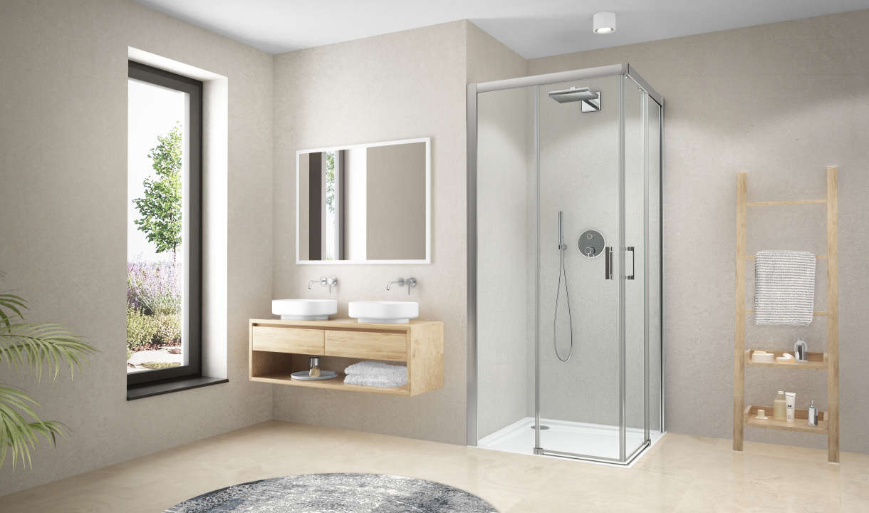 Photo Paroi de douche 1/2 angle coulissante CARIBA CIC2R L110 2M argent poli v.clair clean