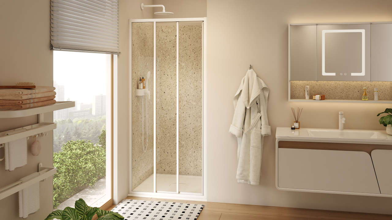 Photo Paroi de douche coulissante NALA NLCL3 L100 1.9M blanc v.clair clean