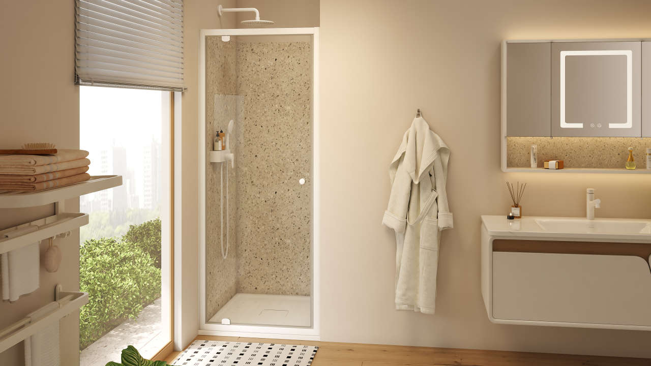 Photo Paroi de douche pivotante NALA NLPIV L90 1.9M blanc v.clair clean