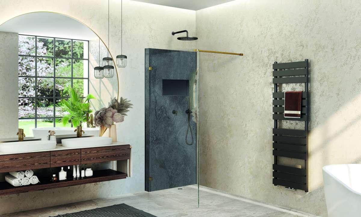 Photo Panneau mural douche autoportant NICHEPANEL BETON NOIR MAT 800x2100x6MM AN