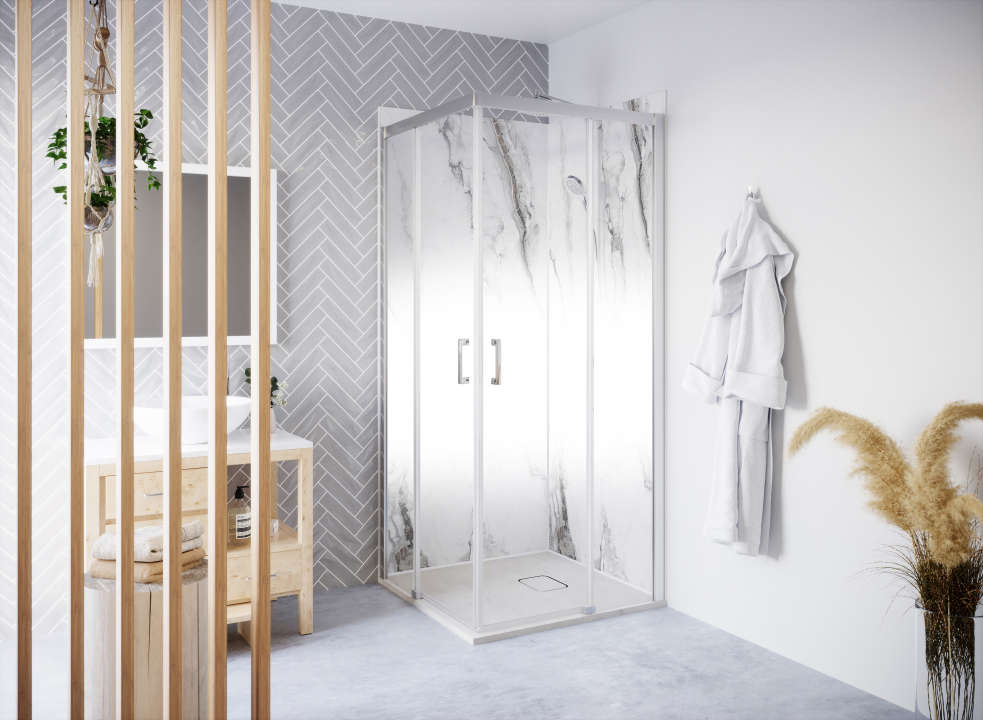 Photo Paroi de douche 1/2 angle coulissante CARIBA CIC2R L110 2M argent poli v.serig