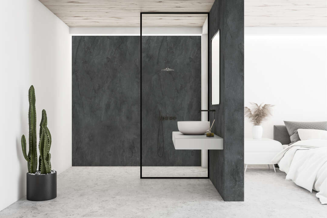 Photo Panneau mural chauffant douche E-VIPANEL Béton Noir MAT 1000x2550x4MM