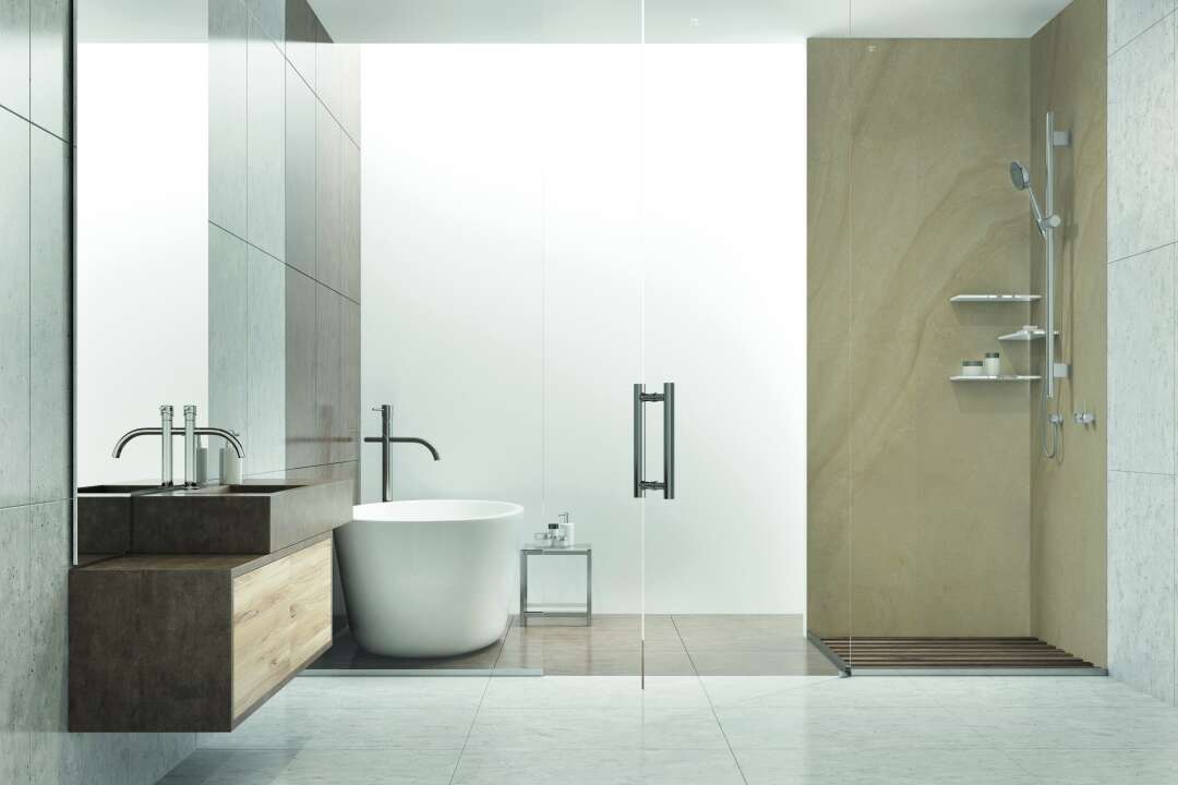 Photo Panneau mural douche NU VIPANEL PIERRE BEIGE MAT 1500x2550x3MM