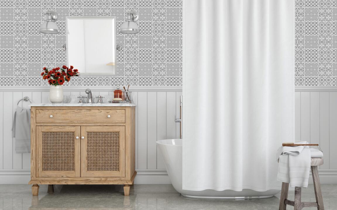 Photo Panneau mural douche NU VIPANEL CARRELAGE CARREAUX GRIS BLANC BRI. 1500x2550x3MM