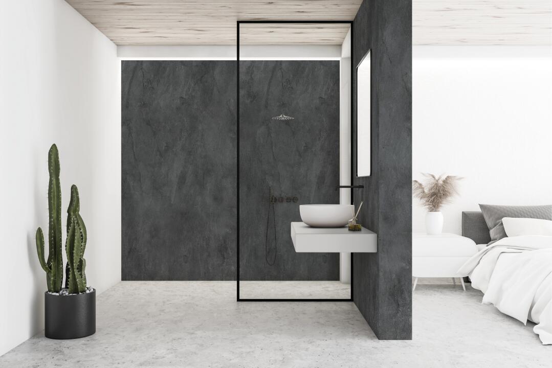 Photo Panneau mural douche NU PREPANEL VIPANEL BETON NOIR MAT 1200x 2100x3MM