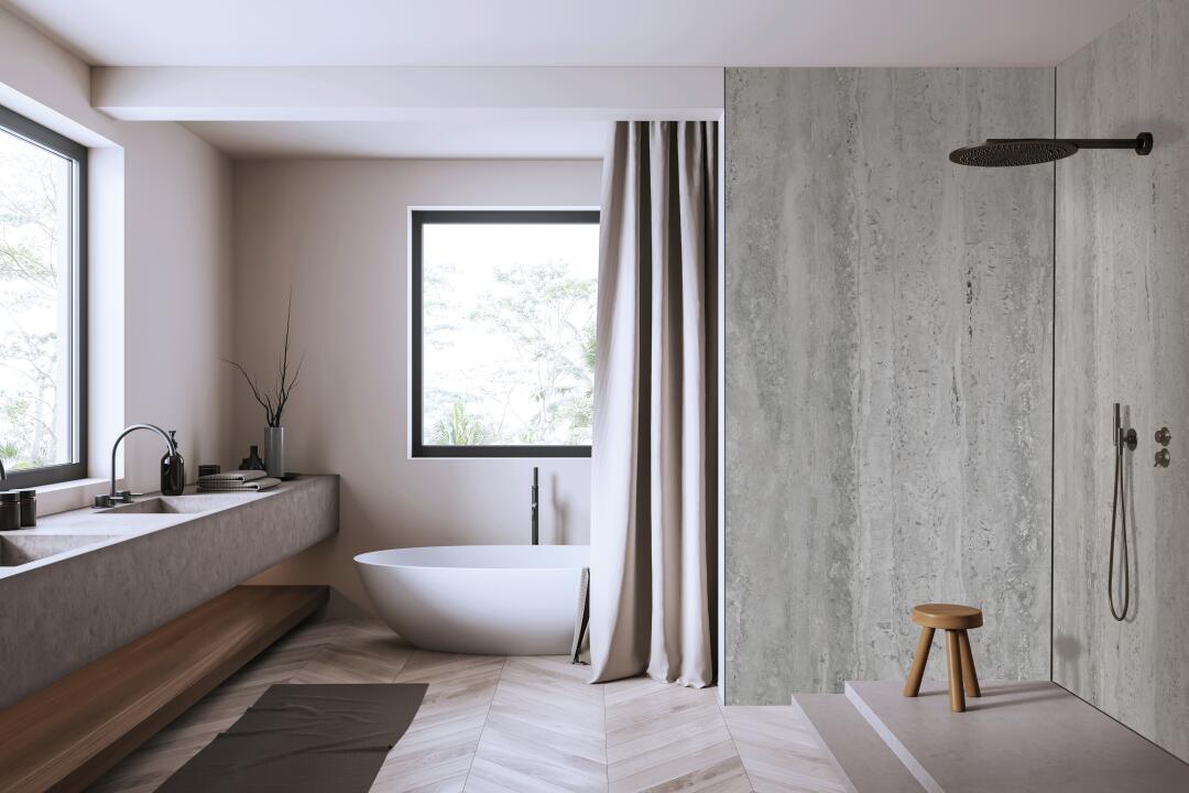 Photo Panneau mural douche NU VIPANEL CARISSIMA TRAVERTIN GRIS MAT 1000x2550x3MM