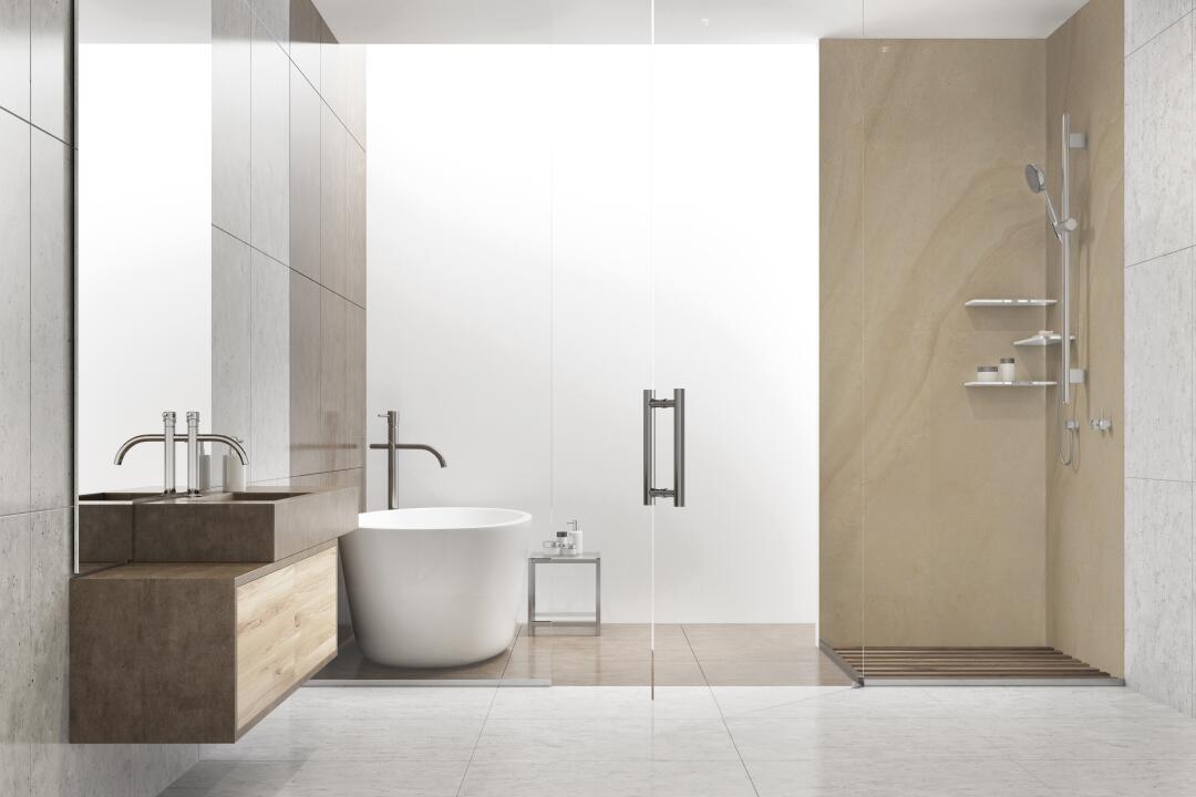 Photo Panneau mural douche NU VIPANEL PIERRE BEIGE MAT 1500x2550x3MM