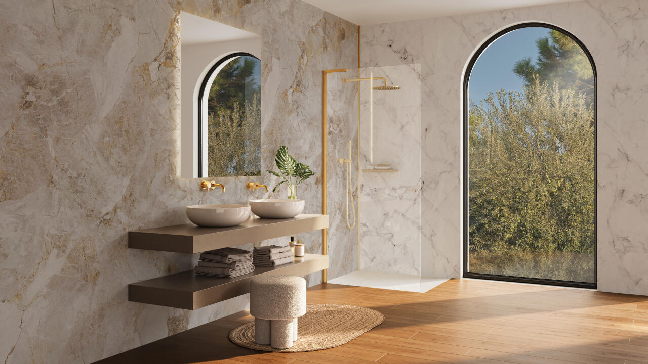 Photo Panneau mural douche NU VIPANEL PIERRE STONE GOLD MAT 1000x2550x3MM