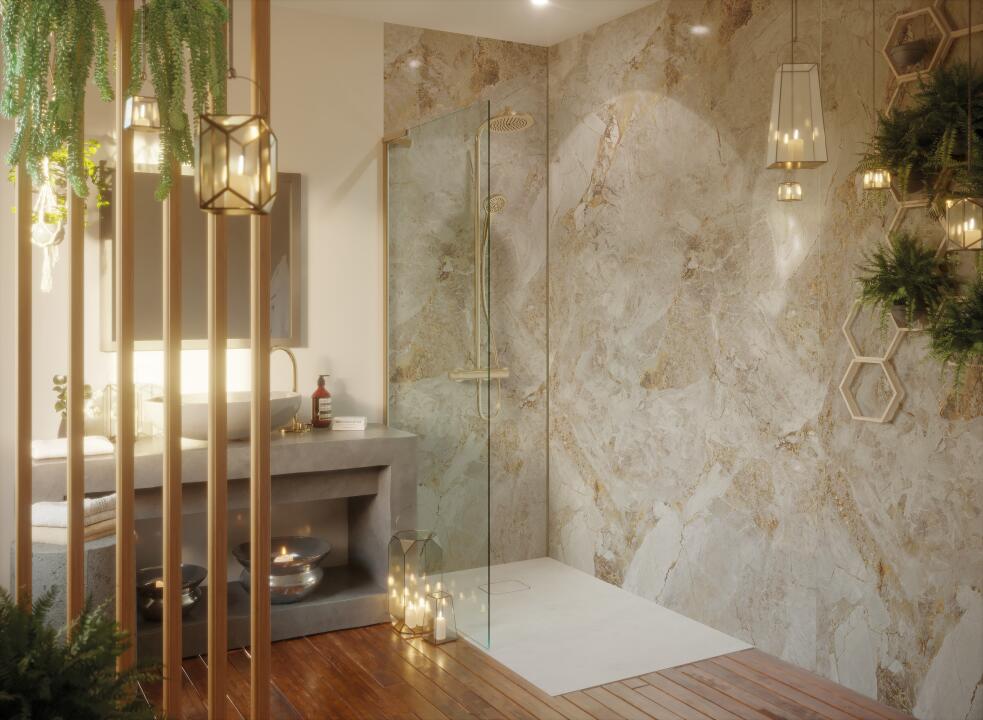 Photo Panneau mural douche NU VIPANEL PIERRE STONE GOLD MAT 1000x2550x3MM