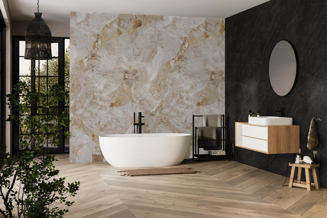 Photo Panneau mural douche NU VIPANEL PIERRE STONE GOLD MAT 1500x2550x3MM