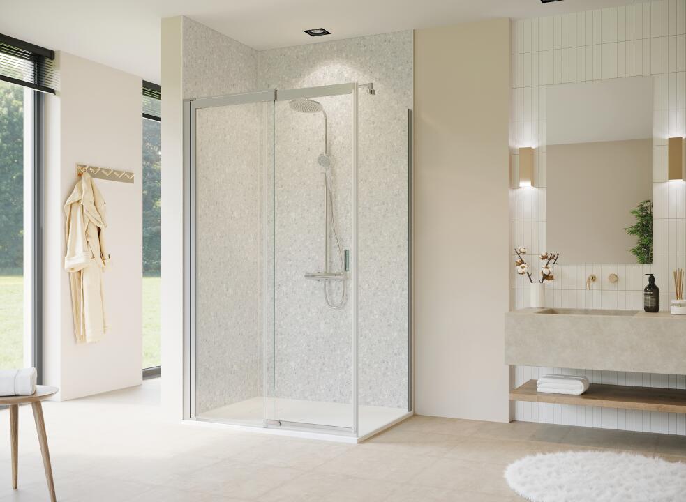 Photo Panneau mural douche NU VIPANEL PIERRE TERRAZZO GRIS CLAIR MAT 1000x2550x3MM