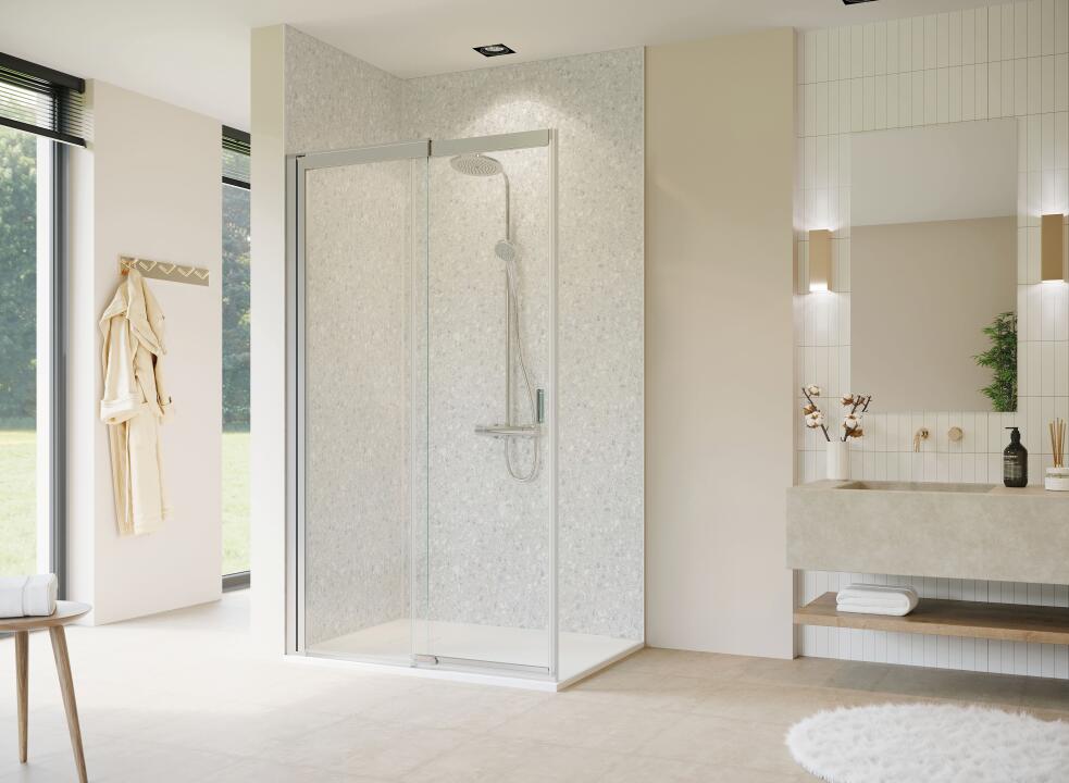 Photo Panneau mural douche NU VIPANEL PIERRE TERRAZZO GRIS CLAIR MAT 1500x2550x3MM